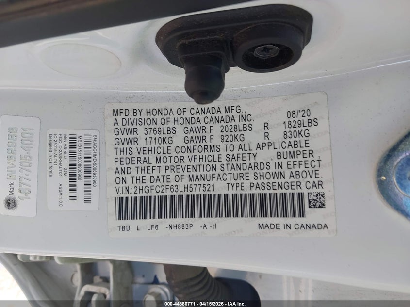 2020 Honda Civic Lx VIN: 2HGFC2F63LH577521 Lot: 44880771