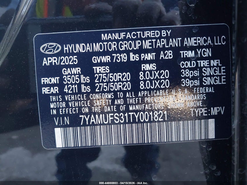 2026 Hyundai Ioniq 9 Sel VIN: 7YAMUFS31TY001821 Lot: 44880803