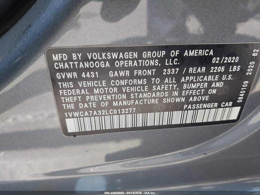 2020 Volkswagen Passat 2.0 2.0T Sel grey Lot 111044880808 Vin 1VWCA7A32LC013277