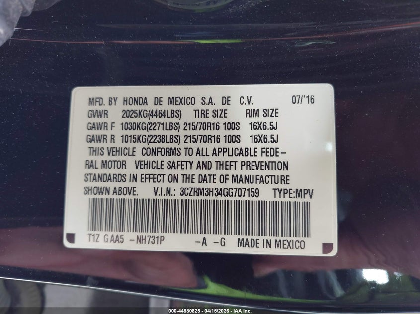 2016 Honda Cr-V Lx VIN: 3CZRM3H34GG707159 Lot: 44880825