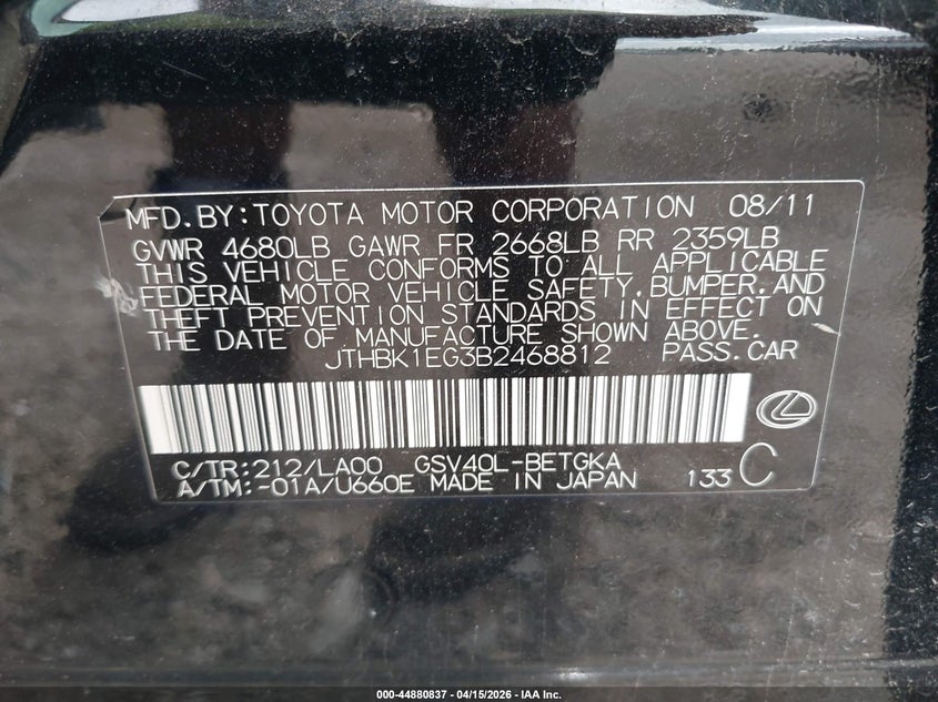 2011 Lexus Es 350 VIN: JTHBK1EG3B2468812 Lot: 44880837