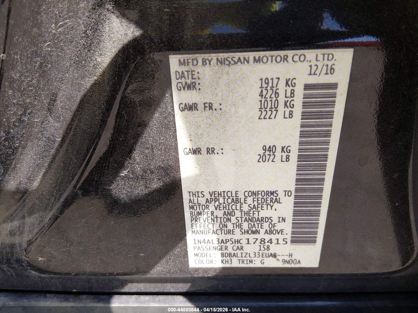 2017 Nissan Altima 2.5 Sv VIN: 1N4AL3AP5HC178415 Lot: 44880844