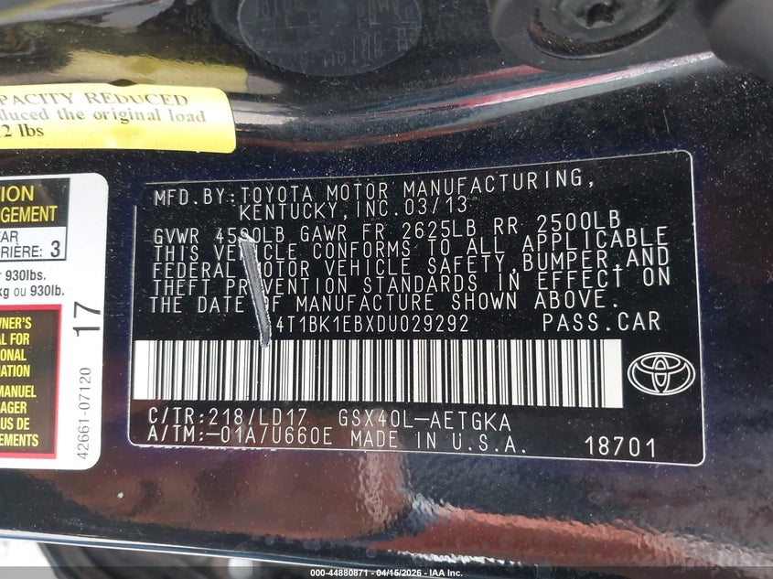 2013 Toyota Avalon Xle VIN: 4T1BK1EBXDU029292 Lot: 44880871