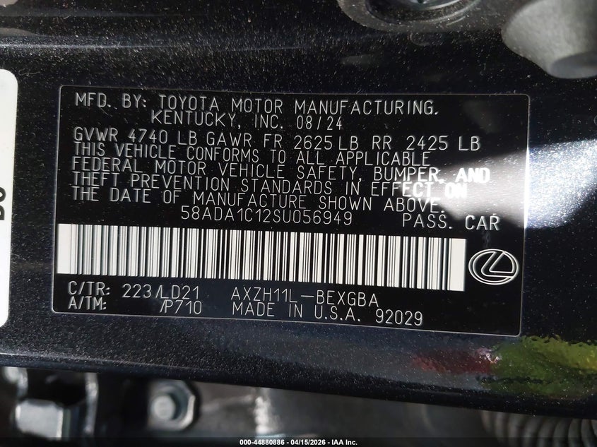 2025 Lexus Es 300H VIN: 58ADA1C12SU056949 Lot: 44880886