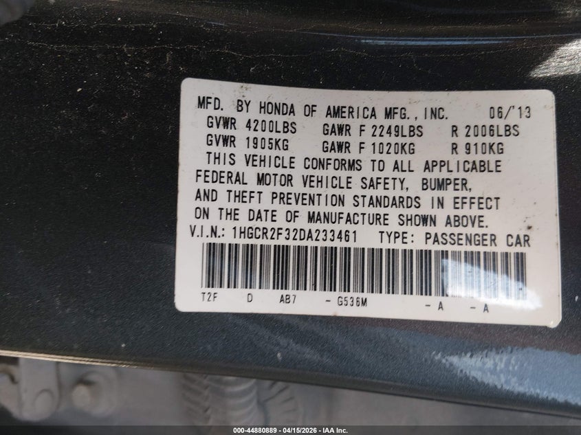2013 Honda Accord Lx VIN: 1HGCR2F32DA233461 Lot: 44880889