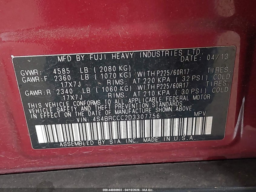 2013 Subaru Outback 2.5I Premium VIN: 4S4BRCCC2D3307756 Lot: 44880903