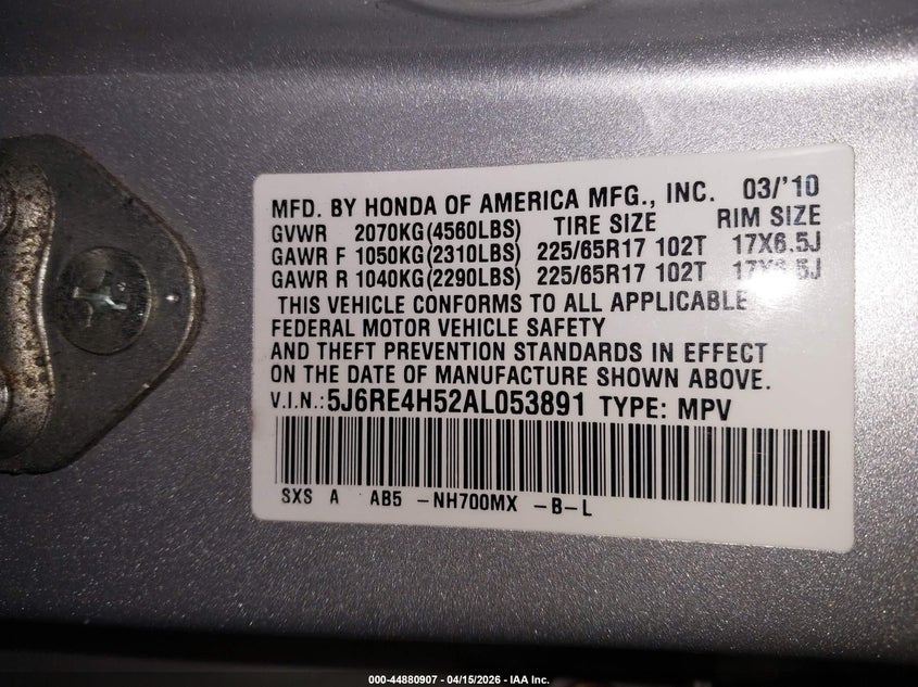 2010 Honda Cr-V Ex VIN: 5J6RE4H52AL053891 Lot: 44880907