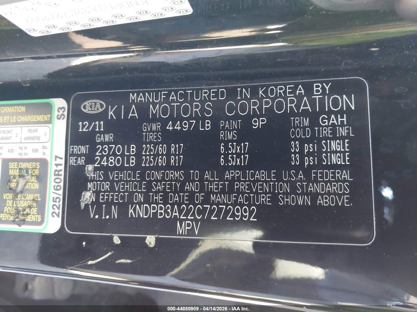 2012 Kia Sportage Lx VIN: KNDPB3A22C7272992 Lot: 44880909