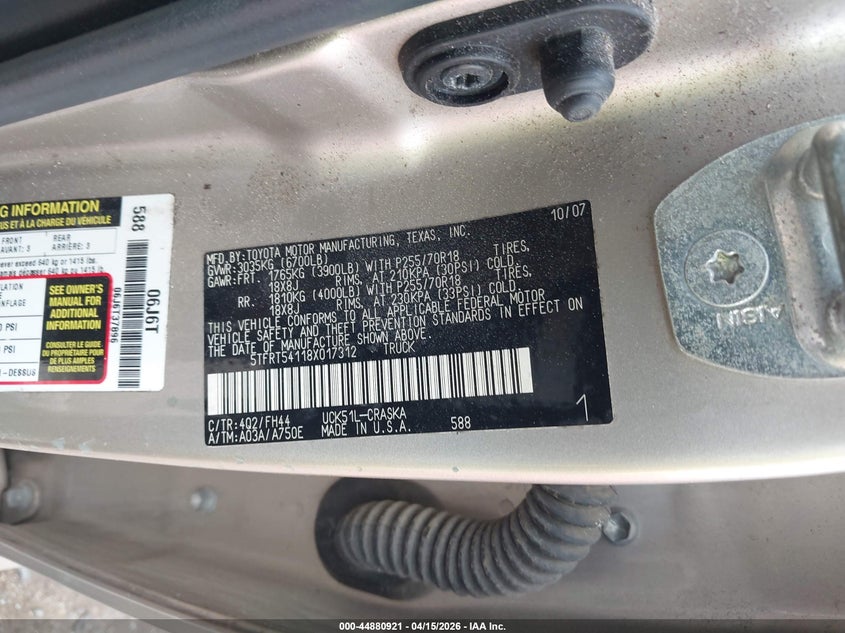 2008 Toyota Tundra Base 4.7L V8 VIN: 5TFRT54118X017312 Lot: 44880921