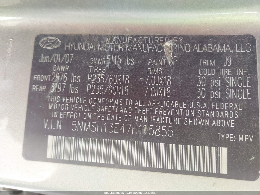 2007 Hyundai Santa Fe Limited/Se VIN: 5NMSH13E47H115855 Lot: 44880925