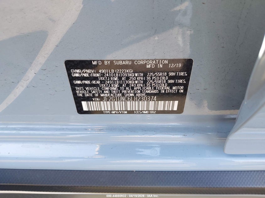 2020 Subaru Xv 2.0 Crosstrek Hybrid blue Lot 111044880932 Vin JF2GTDNC6LH230374
