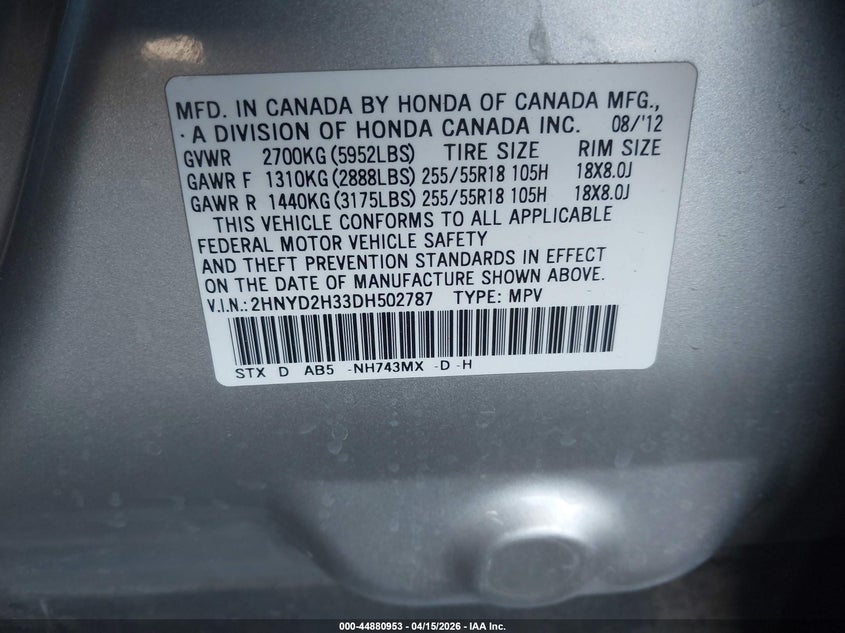 2013 Acura Mdx Technology Package VIN: 2HNYD2H33DH502787 Lot: 44880953