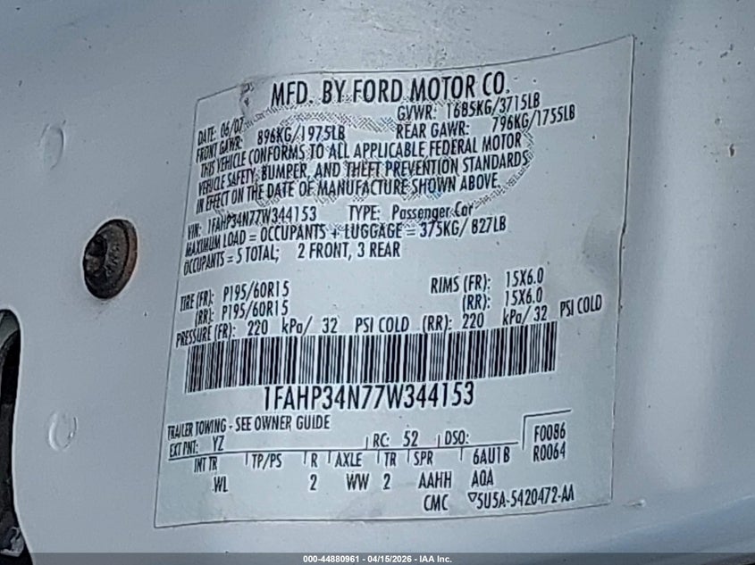 2007 Ford Focus S/Se/Ses VIN: 1FAHP34N77W344153 Lot: 44880961