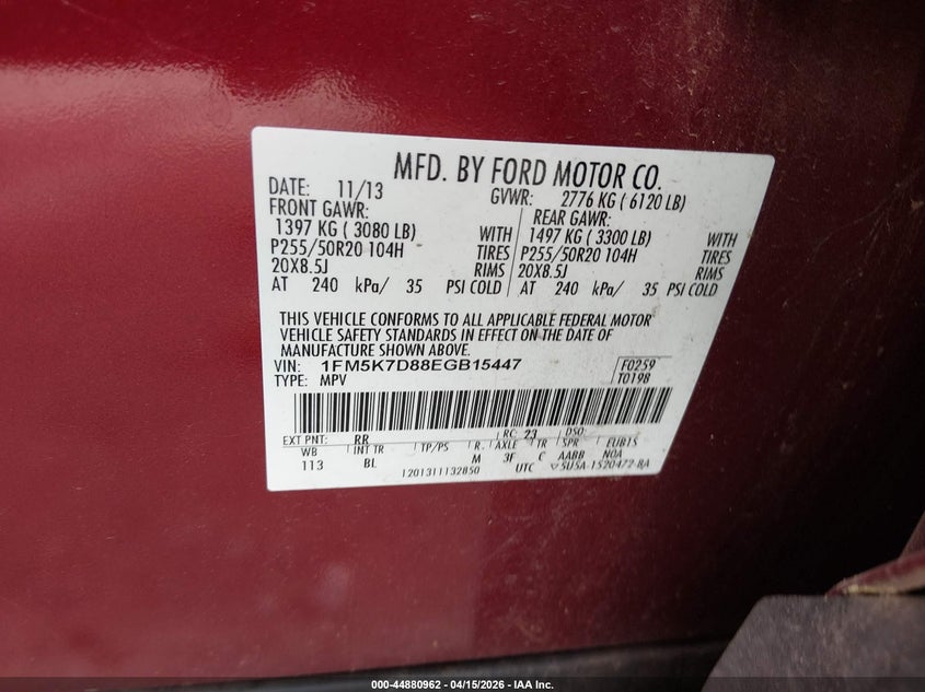 2014 Ford Explorer Xlt VIN: 1FM5K7D88EGB15447 Lot: 44880962