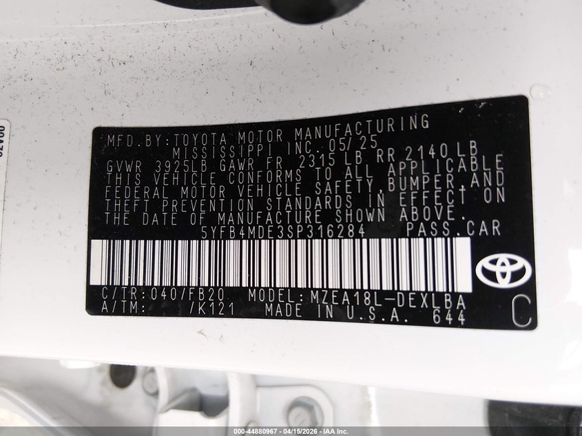 2025 Toyota Corolla Le VIN: 5YFB4MDE3SP316284 Lot: 44880967