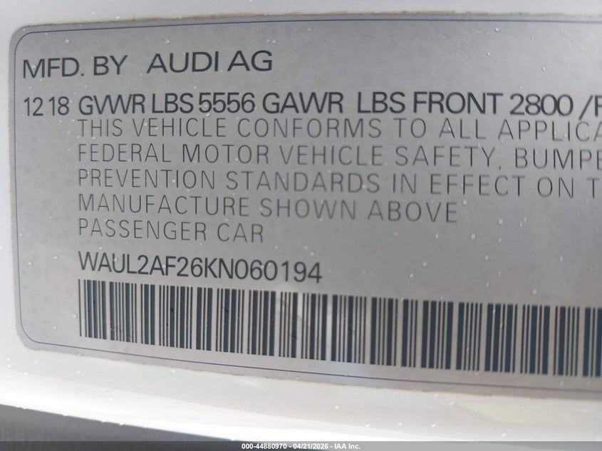 2019 Audi A6 55 Premium VIN: WAUL2AF26KN060194 Lot: 44880970