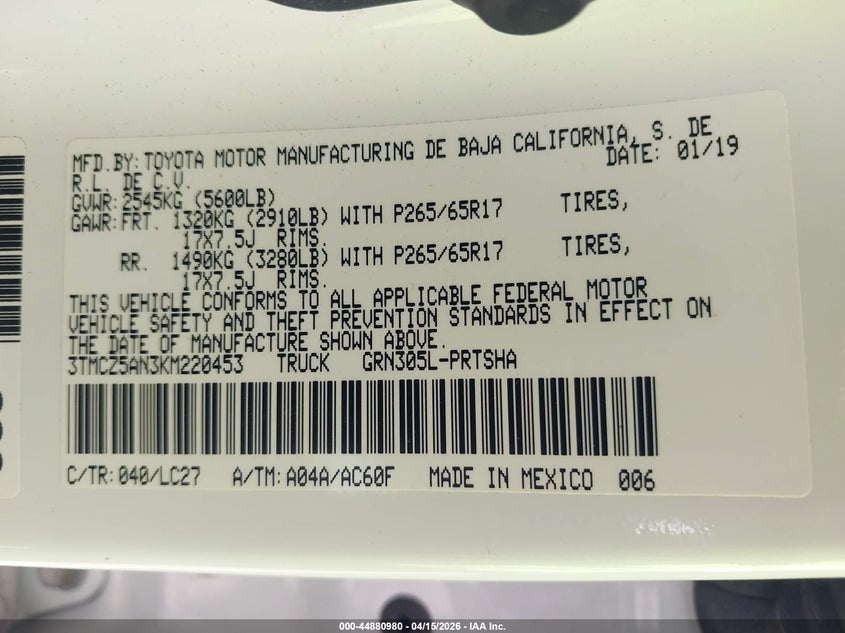 2019 Toyota Tacoma Trd Sport VIN: 3TMCZ5AN3KM220453 Lot: 44880980