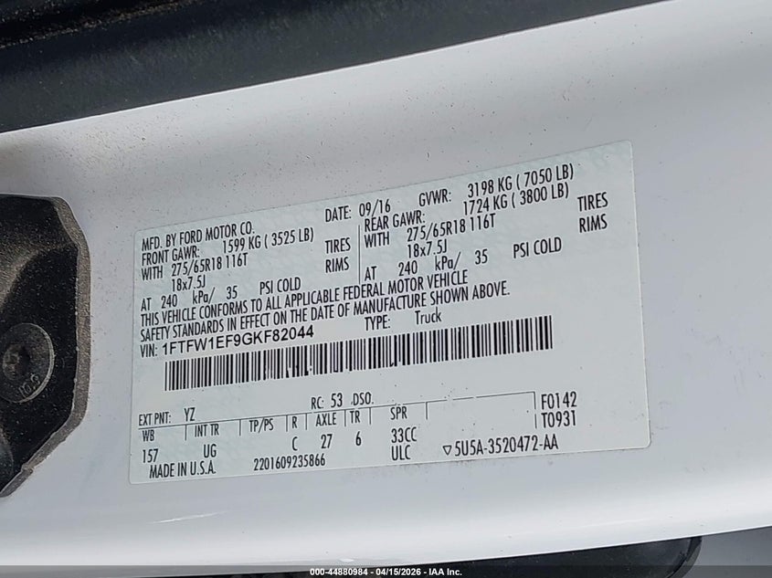 2016 Ford F-150 Xlt VIN: 1FTFW1EF9GKF82044 Lot: 44880984