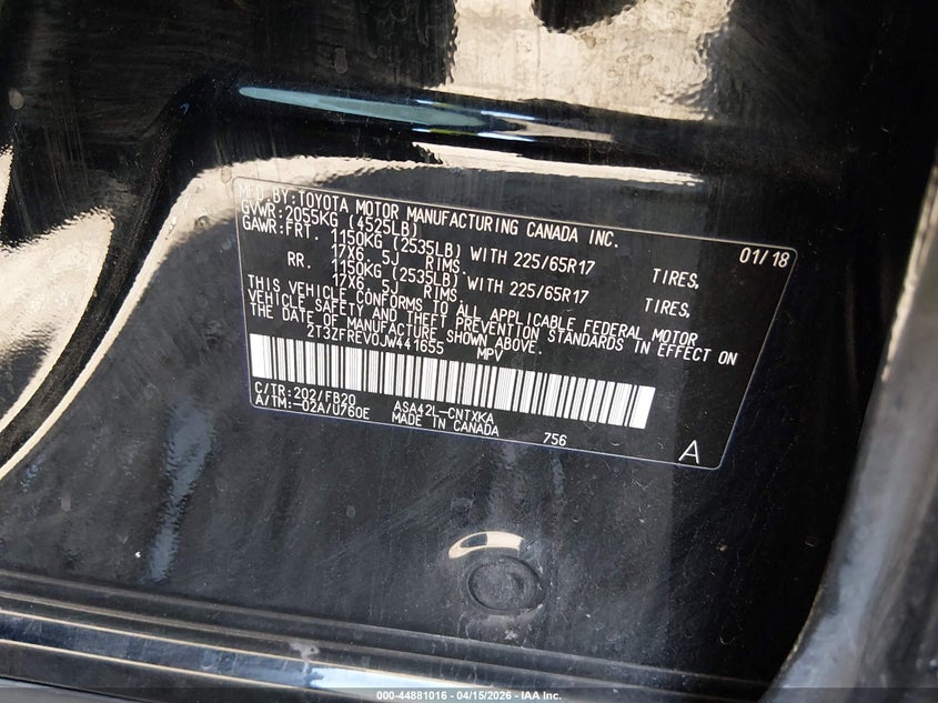 2018 Toyota Rav4 Le VIN: 2T3ZFREV0JW441655 Lot: 44881016