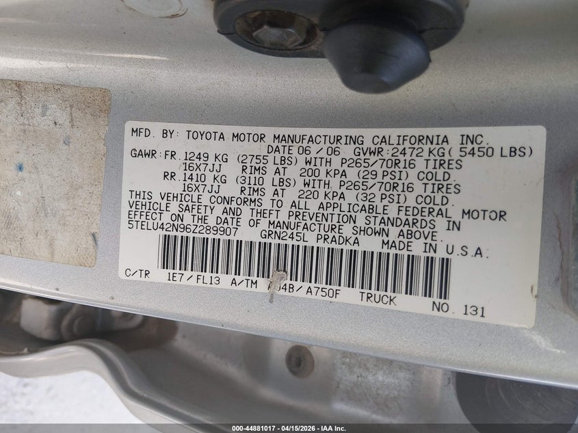 2006 Toyota Tacoma Base V6 VIN: 5TELU42N96Z289907 Lot: 44881017
