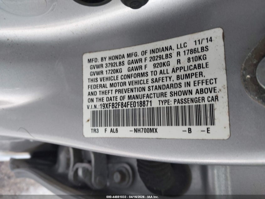2015 Honda Civic 1.8 Ex silver Lot 111044881033 Vin 19XFB2F84FE018871