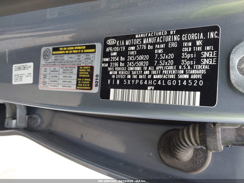 2020 Kia Telluride S VIN: 5XYP64HC4LG014520 Lot: 44881043