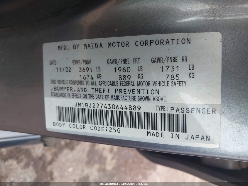 2003 Mazda Mazdaspeed Protege VIN: JM1BJ227430644889 Lot: 44881044