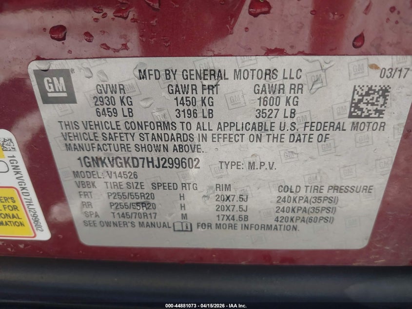 2017 Chevrolet Traverse 1Lt VIN: 1GNKVGKD7HJ299602 Lot: 44881073