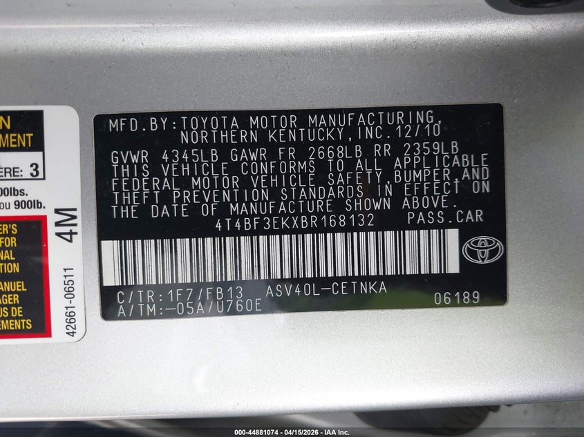 2011 Toyota Camry Le VIN: 4T4BF3EKXBR168132 Lot: 44881074