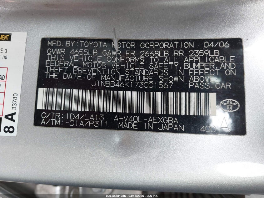 2007 Toyota Camry Hybrid VIN: JTNBB46K173001567 Lot: 44881086