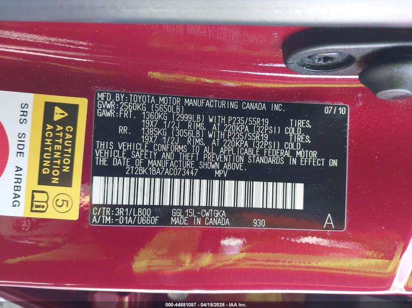 2010 Lexus Rx 350 VIN: 2T2BK1BA7AC073447 Lot: 44881087