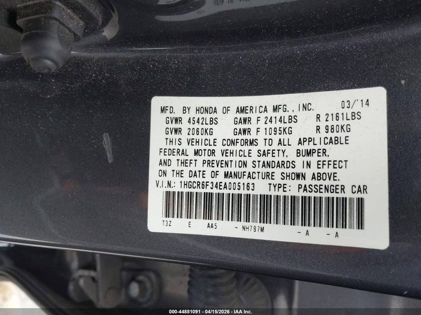 2014 Honda Accord Hybrid VIN: 1HGCR6F34EA005163 Lot: 44881091