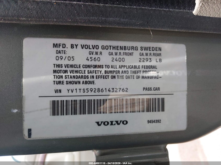 2006 Volvo S80 2.5T VIN: YV1TS592861432762 Lot: 44881118
