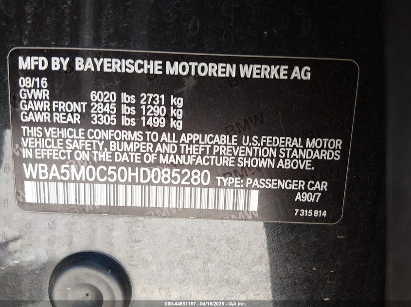 2017 BMW 550I Gran Turismo xDrive VIN: WBA5M0C50HD085280 Lot: 44881157