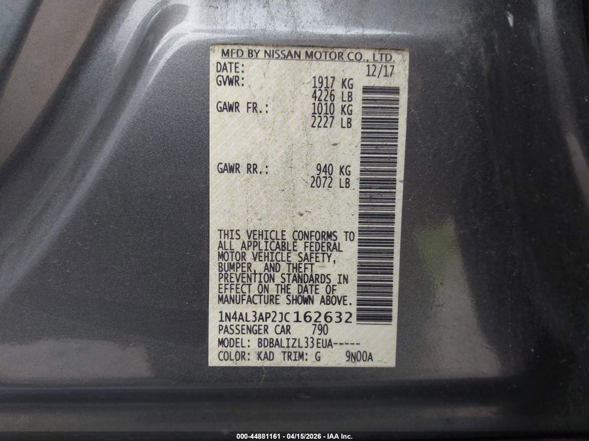 2018 Nissan Altima 2.5 Sv VIN: 1N4AL3AP2JC162632 Lot: 44881161