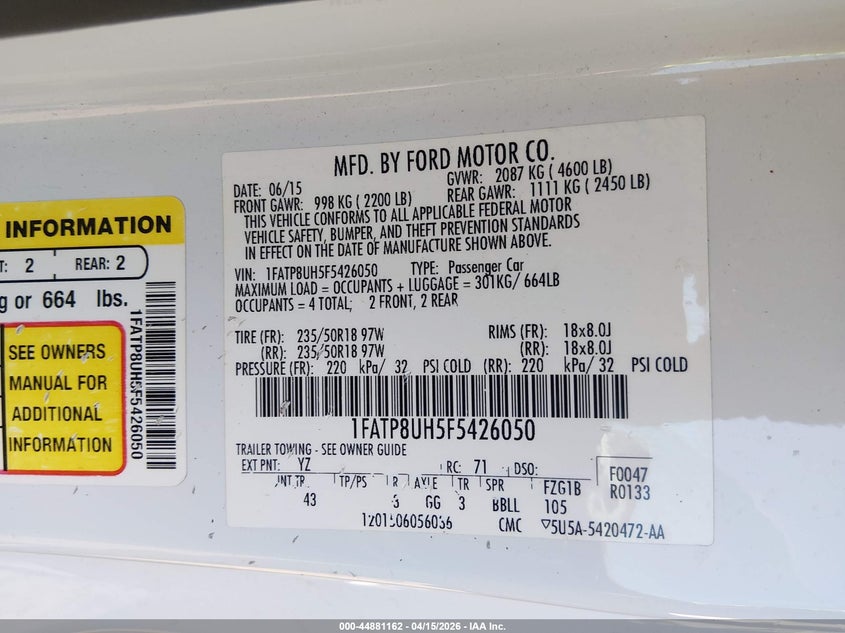 2015 Ford Mustang Ecoboost Premium VIN: 1FATP8UH5F5426050 Lot: 44881162