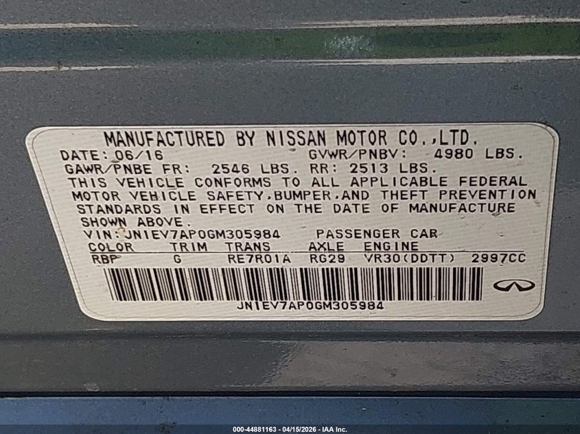 2016 Infiniti Q50 3.0T Sport VIN: JN1EV7AP0GM305984 Lot: 44881163