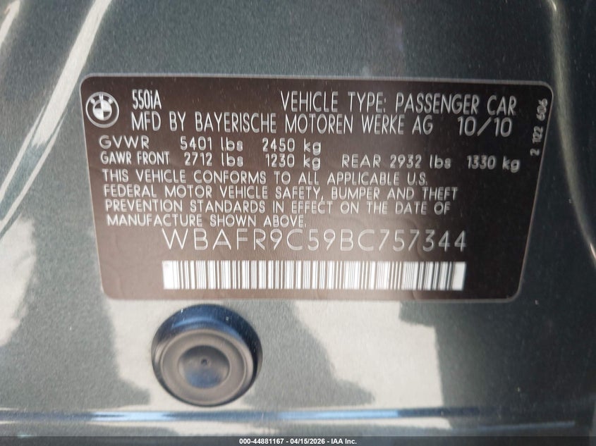 2011 BMW 550I VIN: WBAFR9C59BC757344 Lot: 44881167