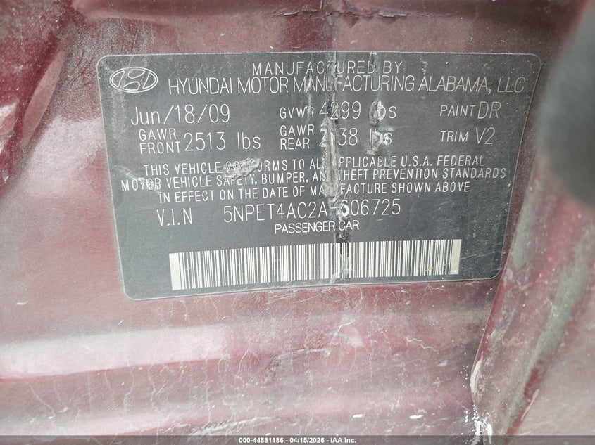 2010 Hyundai Sonata Gls VIN: 5NPET4AC2AH606725 Lot: 44881186