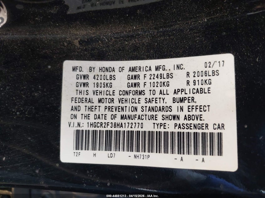2017 Honda Accord Lx VIN: 1HGCR2F38HA172770 Lot: 44881213