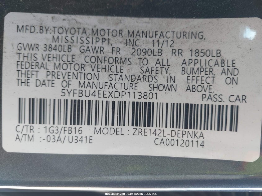 2013 Toyota Corolla Le VIN: 5YFBU4EEXDP113801 Lot: 44881220