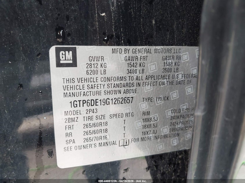 2016 GMC Canyon Slt VIN: 1GTP6DE19G1262657 Lot: 44881226