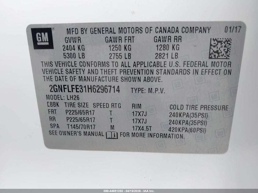2017 Chevrolet Equinox Lt VIN: 2GNFLFE31H6296714 Lot: 44881255
