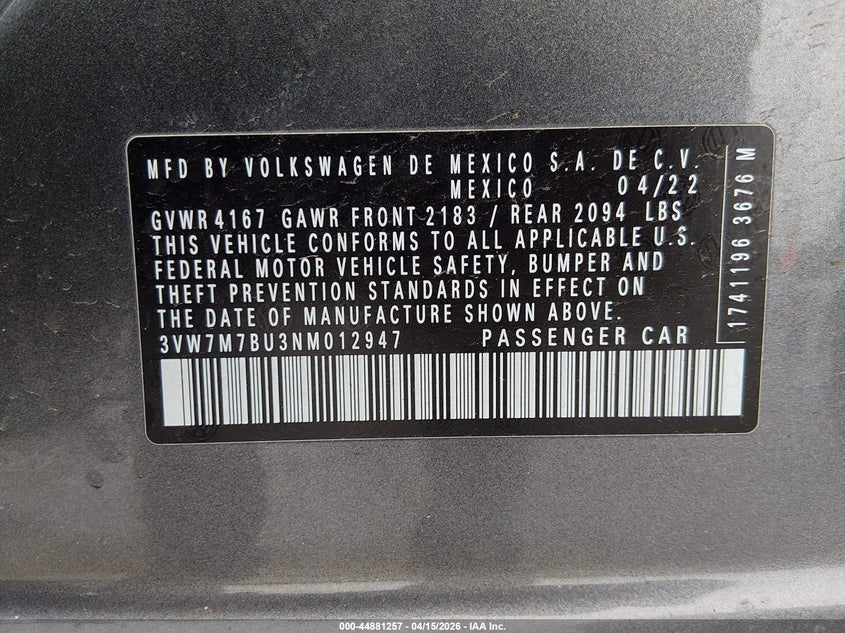 2022 Volkswagen Jetta 1.5T Se VIN: 3VW7M7BU3NM012947 Lot: 44881257