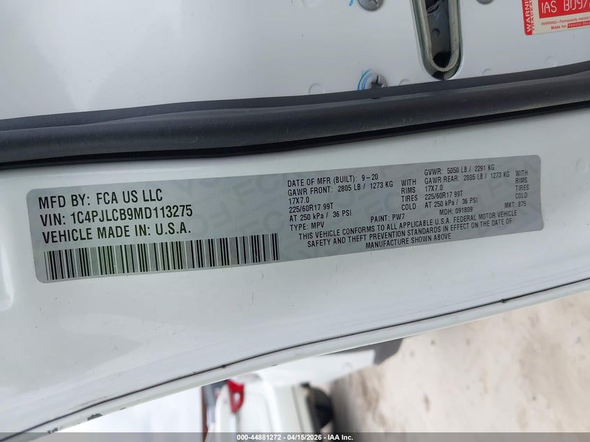 2021 Jeep Cherokee Latitude Fwd VIN: 1C4PJLCB9MD113275 Lot: 44881272