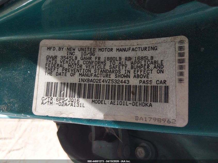 1997 Toyota Corolla Std VIN: 1NXBA02E4VZ532443 Lot: 44881273