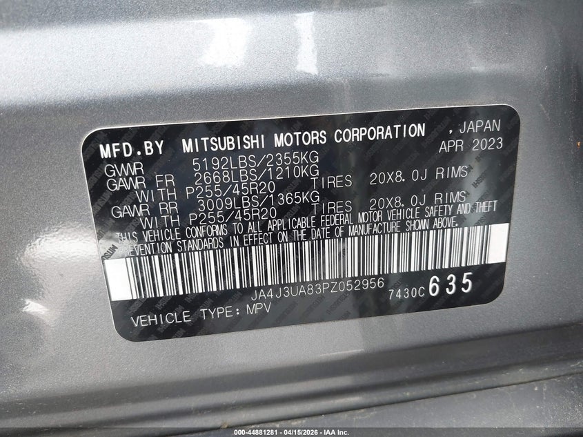 2023 Mitsubishi Outlander Se 2.5 2Wd/Se Black Edition 2Wd/Se Special Edition 2Wd VIN: JA4J3UA83PZ052956 Lot: 44881281