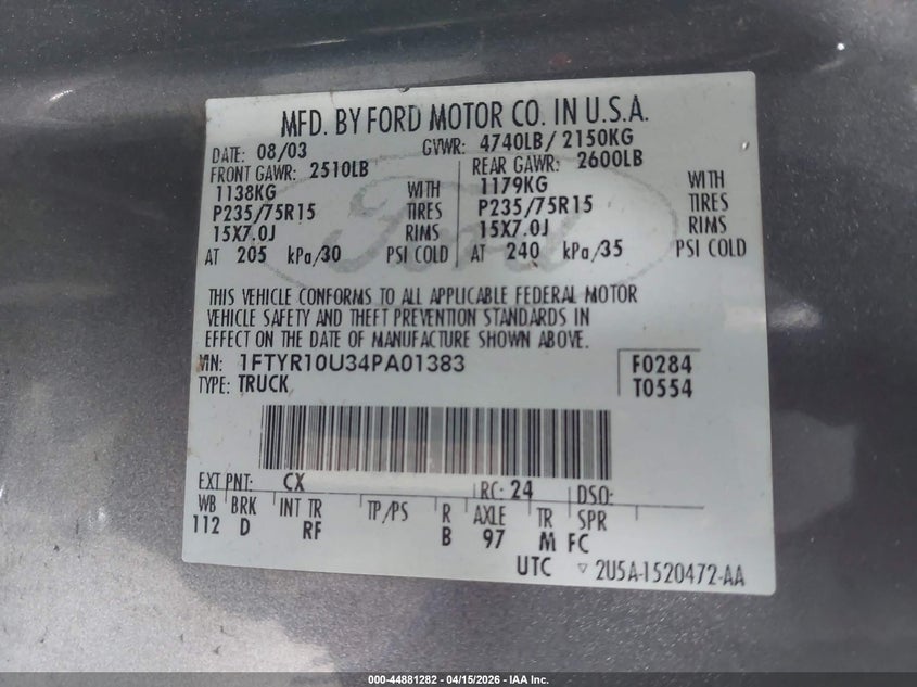 2004 Ford Ranger Edge/Xl/Xlt VIN: 1FTYR10U34PA01383 Lot: 44881282