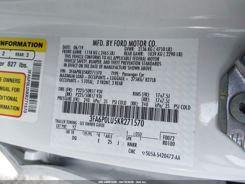 2019 Ford Fusion Hybrid Se VIN: 3FA6P0LU5KR271570 Lot: 44881285