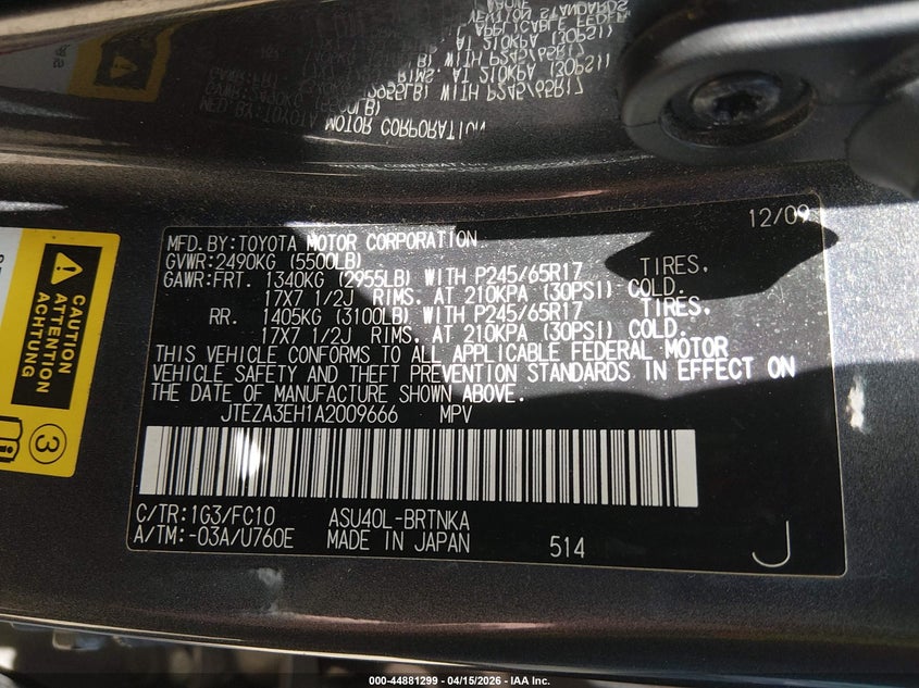 2010 Toyota Highlander VIN: JTEZA3EH1A2009666 Lot: 44881299